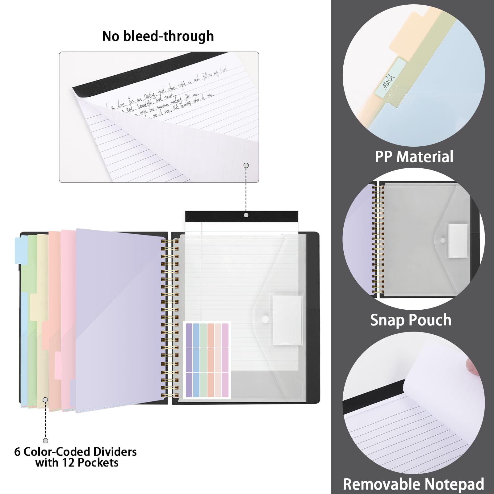 Clipboard Folder With Storage Notebook  6 Dividers 12 Pockets Spiral Folio Stickers 10" * 11.5" Clipboards Padfolio For Teacher Worker Supplies