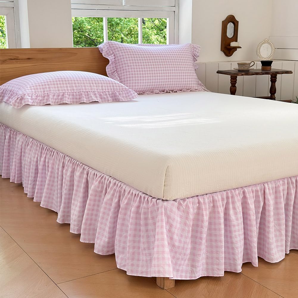 Pink Gingham Wrap Around Ruffled Bed Skirt with Lace Decor, Plaid Grid Adjustable Elastic Dust Ruffles for Queen Bed, 15 Inch Drop Farmhouse Cottage Pleated Bed Frame Cover(Pink Gingham, Queen)