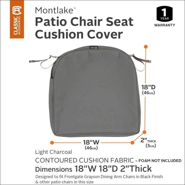 Classic Accessories Montlake FadeSafe Contoured Patio Dining Seat Cushion -  2 Thick - Heavy Duty Outdoor Patio Cushion with WaTE Resistant Backing,  Light Charcoal Grey, 18W x 18D x 2T (62-005-LCHARC-EC)