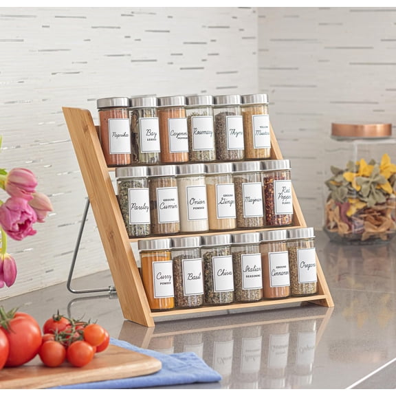 18-Jar Bamboo Compact Spice Organizer with Spices Included – Countertop & Kitchen Drawer Storage Solution