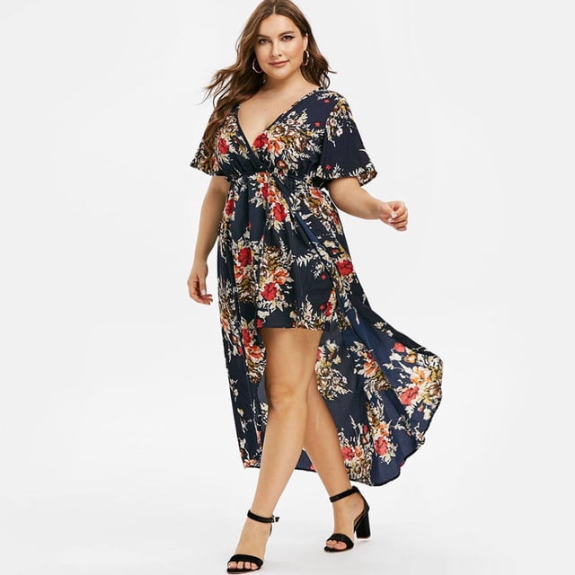 Robes Maxi pour Femmes Grande Taille Mode Décontractée à Imprimé Floral Col en V Manches Courtes Robes d'Été Taille Empire Robe Évasée Robe Mini