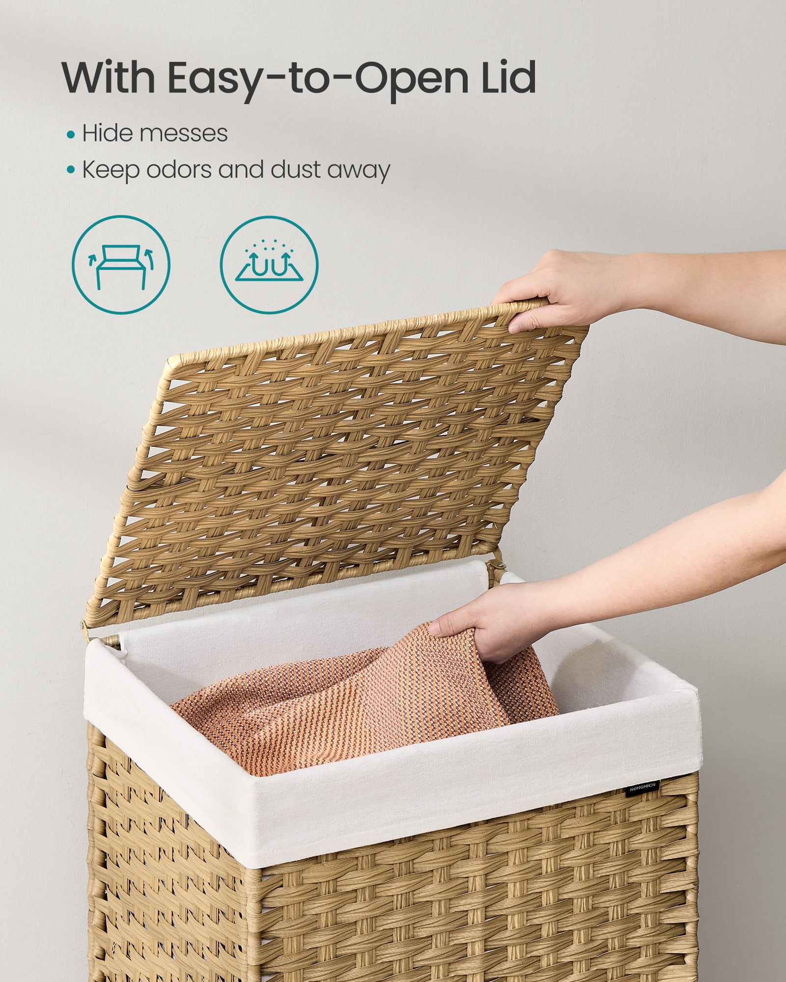 31.7 Gallon Rolling Laundry Hamper with Wheels & Removable Liner, Synthetic Rattan Storage Basket, 18.1x15.7x26 Inches, Natural