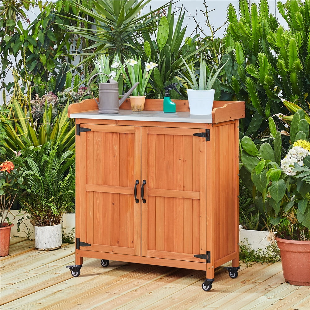 Renwick Rolling Garden Potting Bench Table with Locking Casters, Brown