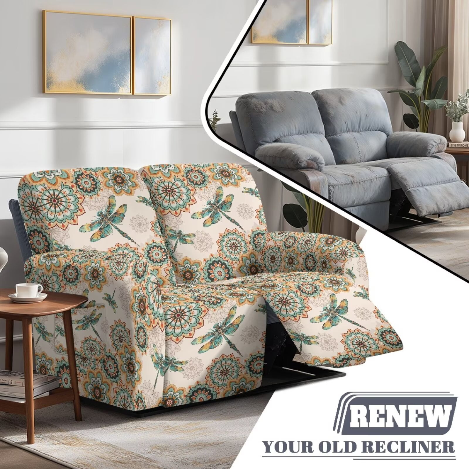 Yuyamidu Boho Mandala Loveseat Recliner Covers 2 Seater Dragonfly Recliner Loveseat Slipcover with Elastic Edge Easy to Install Furniture Protector