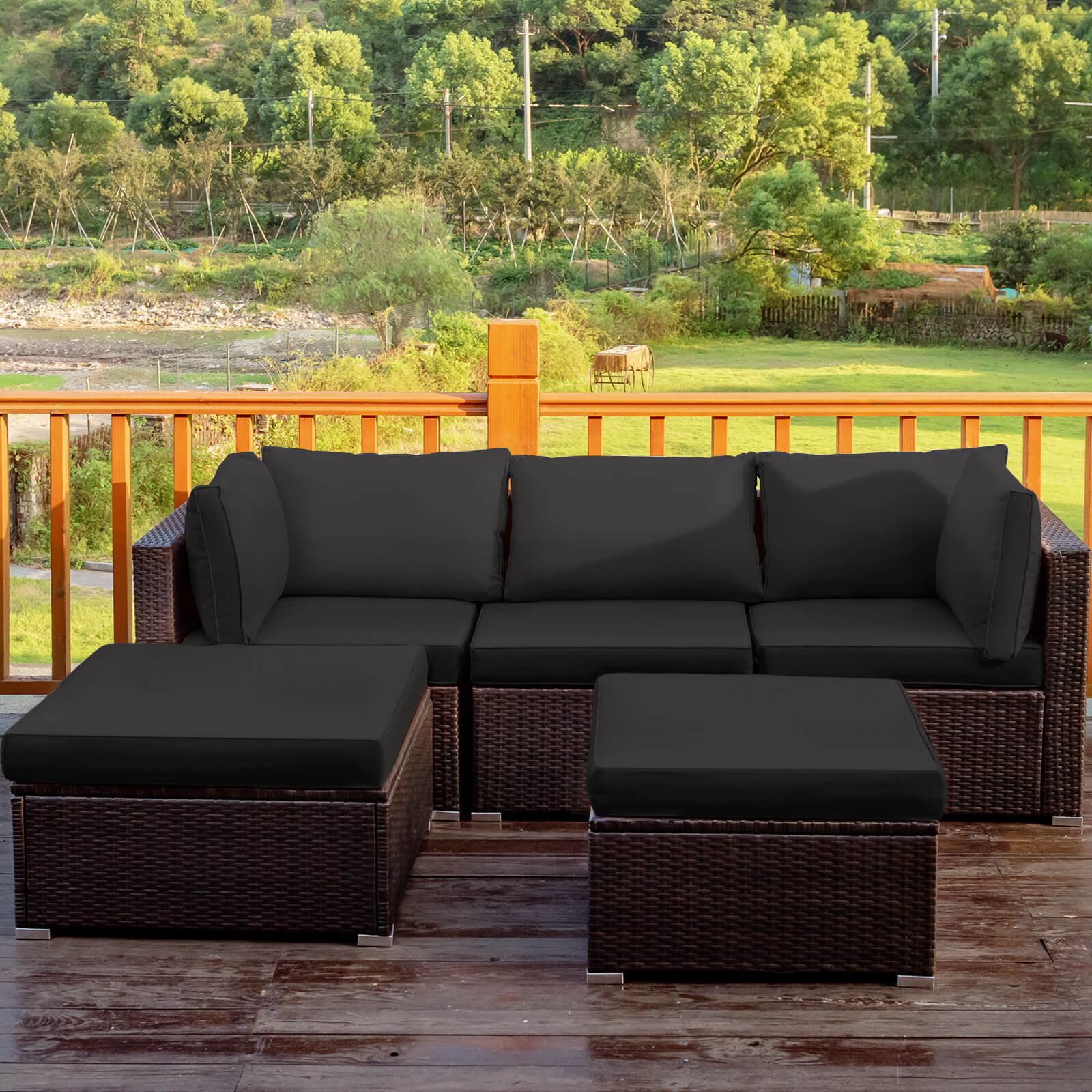 Costway 5PCS Outdoor Patio Rattan Furniture Set Sectional Conversation Black Cushion