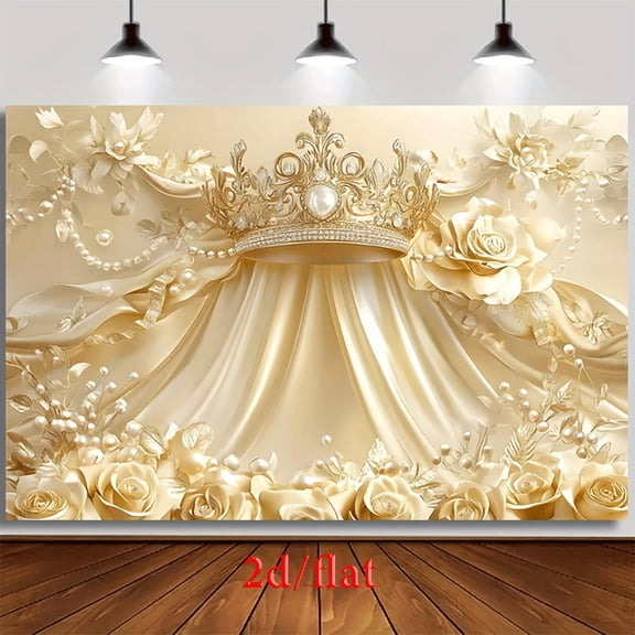 Gold Floral Wedding Backdrop Luxurious Royal Crown Satin Curtain Pearl Bridal Shower Photography Background Golden Rose Leaves Engagement Party Decorations Banner Supplies Photo Booth Props