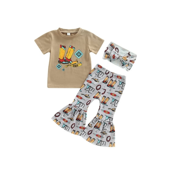 Sedceaty Toddler Kids Girls Clothes Outfits Short Sleeve Crew Neck T-Shirts Tops Bohemian Pattern Print Flare Pants Headband 3Pcs Suit