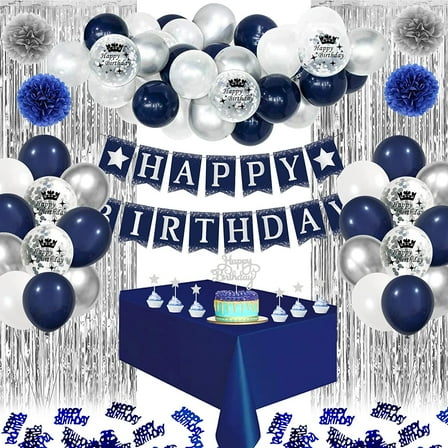 Birthday Party Decorations for Boy Men, Silver Navy Blue Balloons, Happy Birthday Party Decoration Confetti Latex Balloons