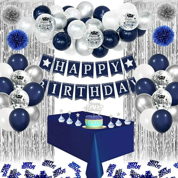 Birthday Party Decorations for Boy Men, Silver Navy Blue Balloons, Happy Birthday Party Decoration Confetti Latex Balloons