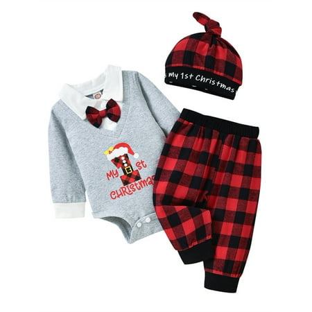

Avamo Infant Elastic Waist Plaid Fall Outfits Christmas Xmas 3Pcs Outfit Suit Lapel Home Tops + Pants Sets Gray 70