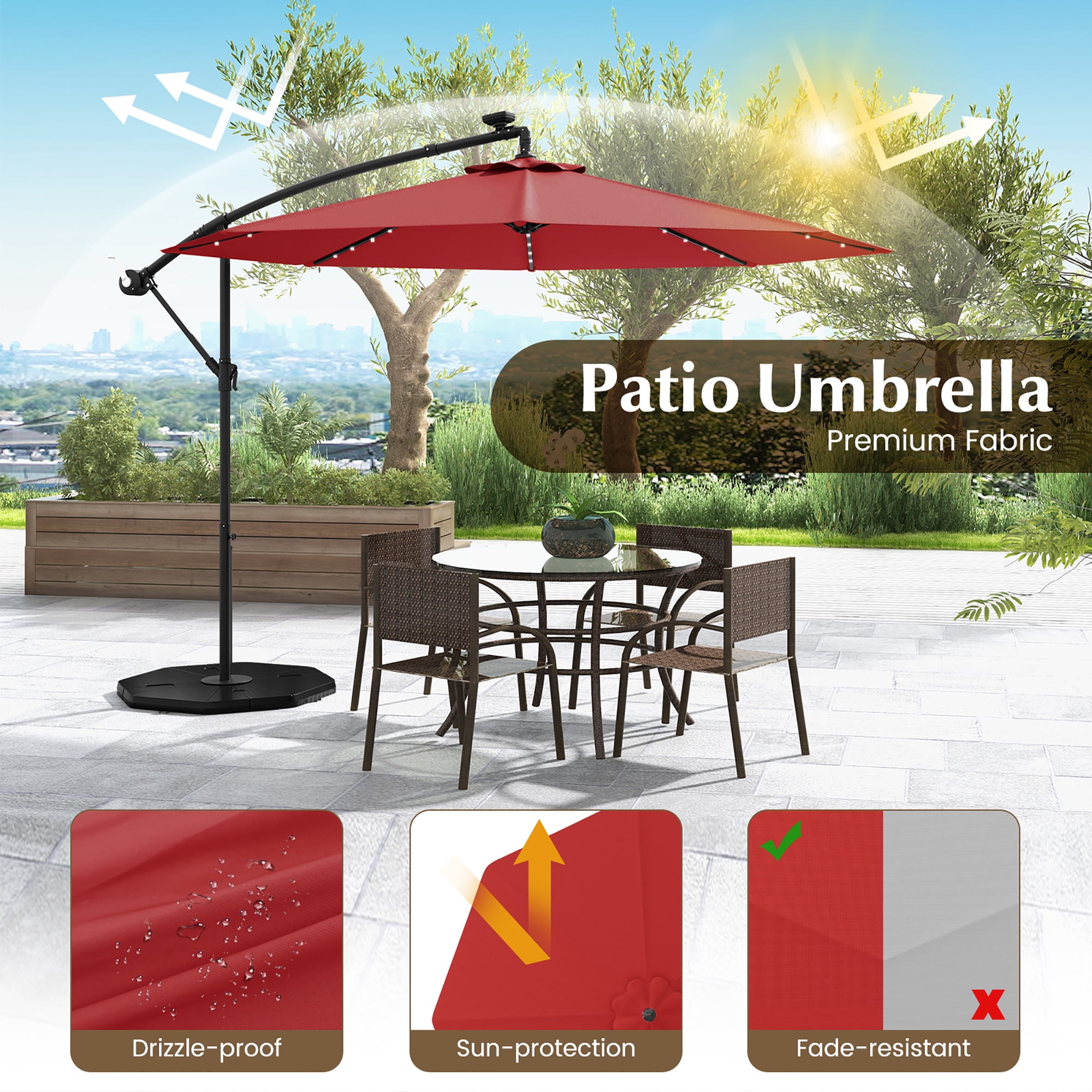 Gymax 10ft Solar Patio Umbrella Outdoor Offset Hanging Umbrella w/ 40 LED Lights Red