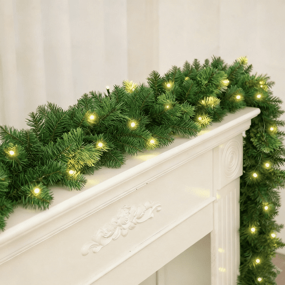 10FT Pre-Lit Artificial Christmas Garland, Battery Operated with 50 LED Lights Realistic Classic Evergreen Pine Spruce for Stair Railing Indoor Outdoor