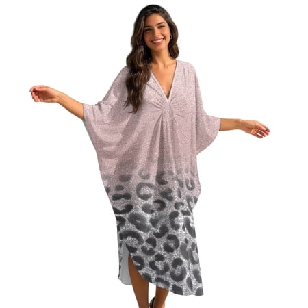 Xoenoiee Leopard Glitter Print Kaftan Dresses for Women Plus Size V Neck Caftans Long Batwing Sleeve Beach Cover Up High-Slit Summer Mumu Dresses