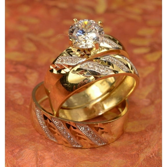 Gems Jewels 3.20 Ctw Round Cut White Diamond Wedding Anniversary His & Her Wedding Ring Trio Set Band Ring 14K Yellow Gold Plated 925 Sterling Silver 925 Sterling Silver -4.5