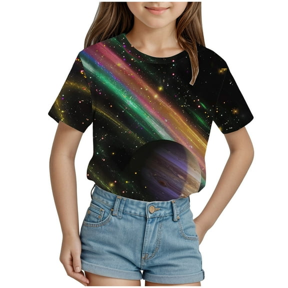 Godom Girls Tee Shirt Short Sleeve Casual Daily Shirt for Kids Summer Tee Tops