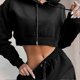 thumbnail image 4 of 2 Pcs/Set Women Fall Hoodie Pants Set Long Sleeve Thick Hooded Short Top Drawstring Elastic Waist, 4 of 4