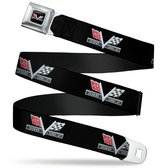 GM General Motors Belt, Seatbelt Buckle Belt, 1967 Impala 396 Turbo Jet V Emblem Black Silver Red White, 30 to 44 Inches