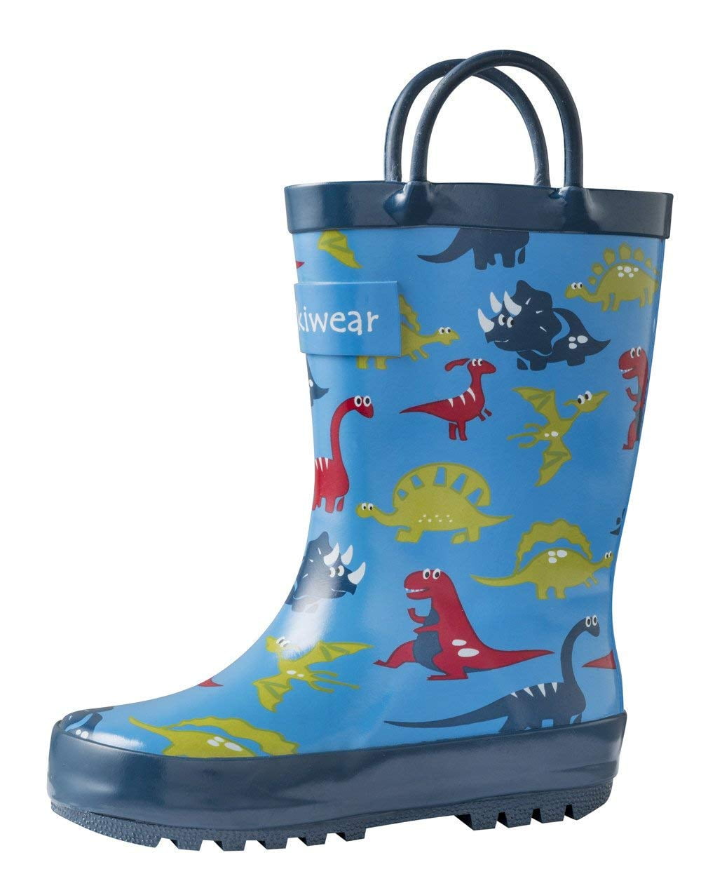 7T US Toddler Blue Dino OAKI Kids Rubber Rain Boots with Easy-On Handles