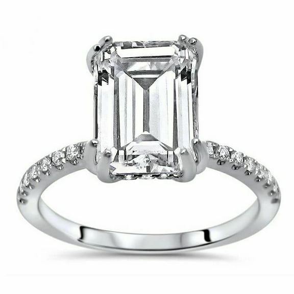 HeartsAndYou 2ct Emerald Cut Moissanite Solitaire Engagement Ring for Women 18k White Gold over Silver Hidden Halo