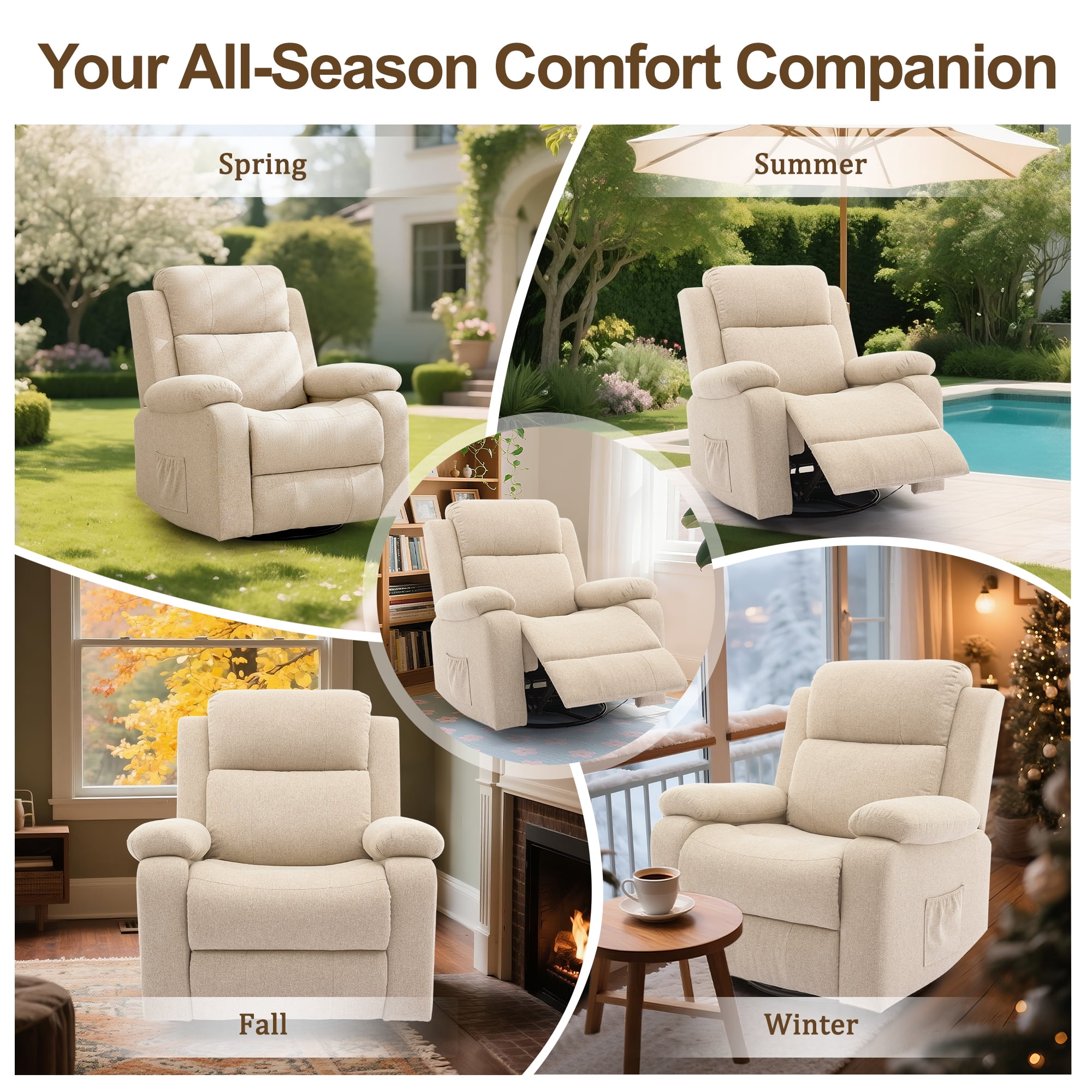 Korser Swivel Rocker Recliner Chair for Adults with Massage and Heat,Upholstered Manual Recliner with Side Pockets Glider Recliner for Living Room,Linen,Beige