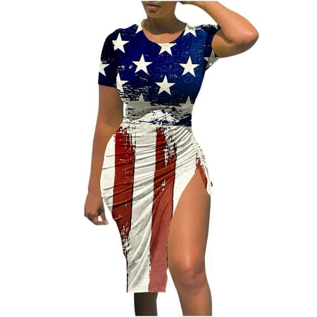 

Hvyesh Women s Sundresses 2023 Summer Party Bodycon Dress Red White and Blue Graphic Round Neck Side Split Dresses Short Sleeve Trendy Flowy Dress White