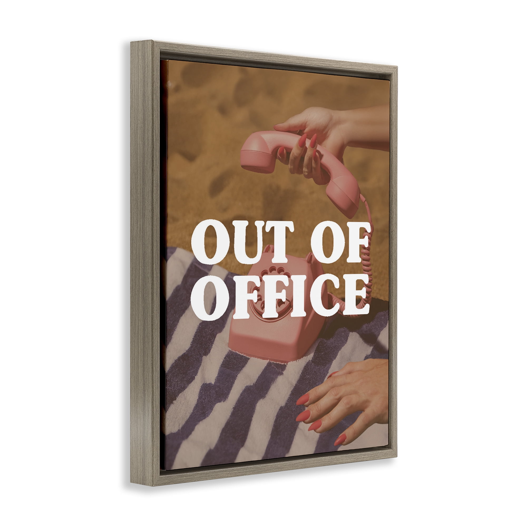 Out of Office Pink Phone Brown Framed Floater Canvas Wall Art, design by Lil' Rue