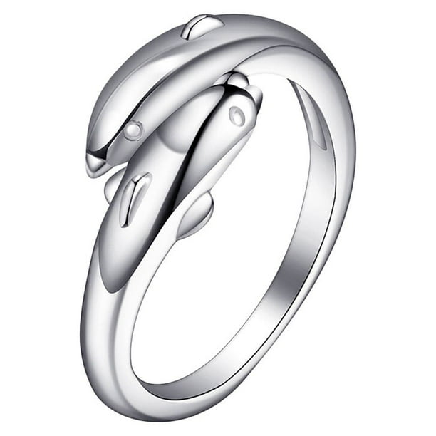 Anillo con diseño de doble delfín y apertura ajustable, accesorio de joyería para fiestas, para mujeres y niñas (plata)