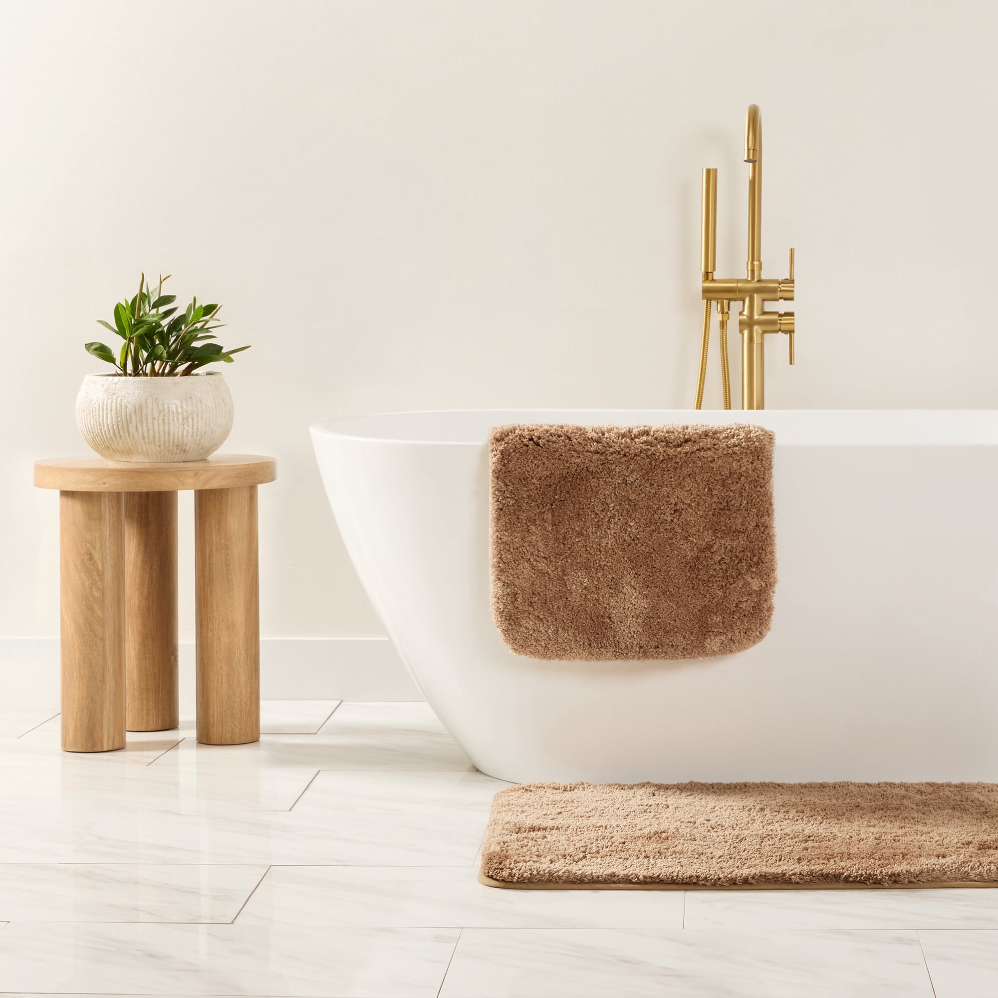 Plush Absorbent Bath Mat Rug with Anti-Skid Rubber Backing, 34 x 21, Mocha, by Noble Linens