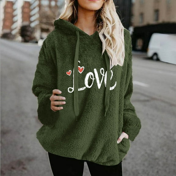 LEKWK Fleece Hoodies for Women Pullover Love Heart Printed Sherpa Sweatshirts Long Sleeve Fuzzy Hooded Drawstring Coay Winter Clothes with Pocket