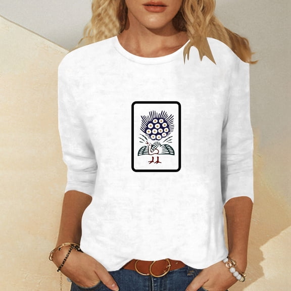 Womens Graphic T-shirts Half Sleeve Crewneck Mahjong Print Tee Summer Casual Tops Grey S