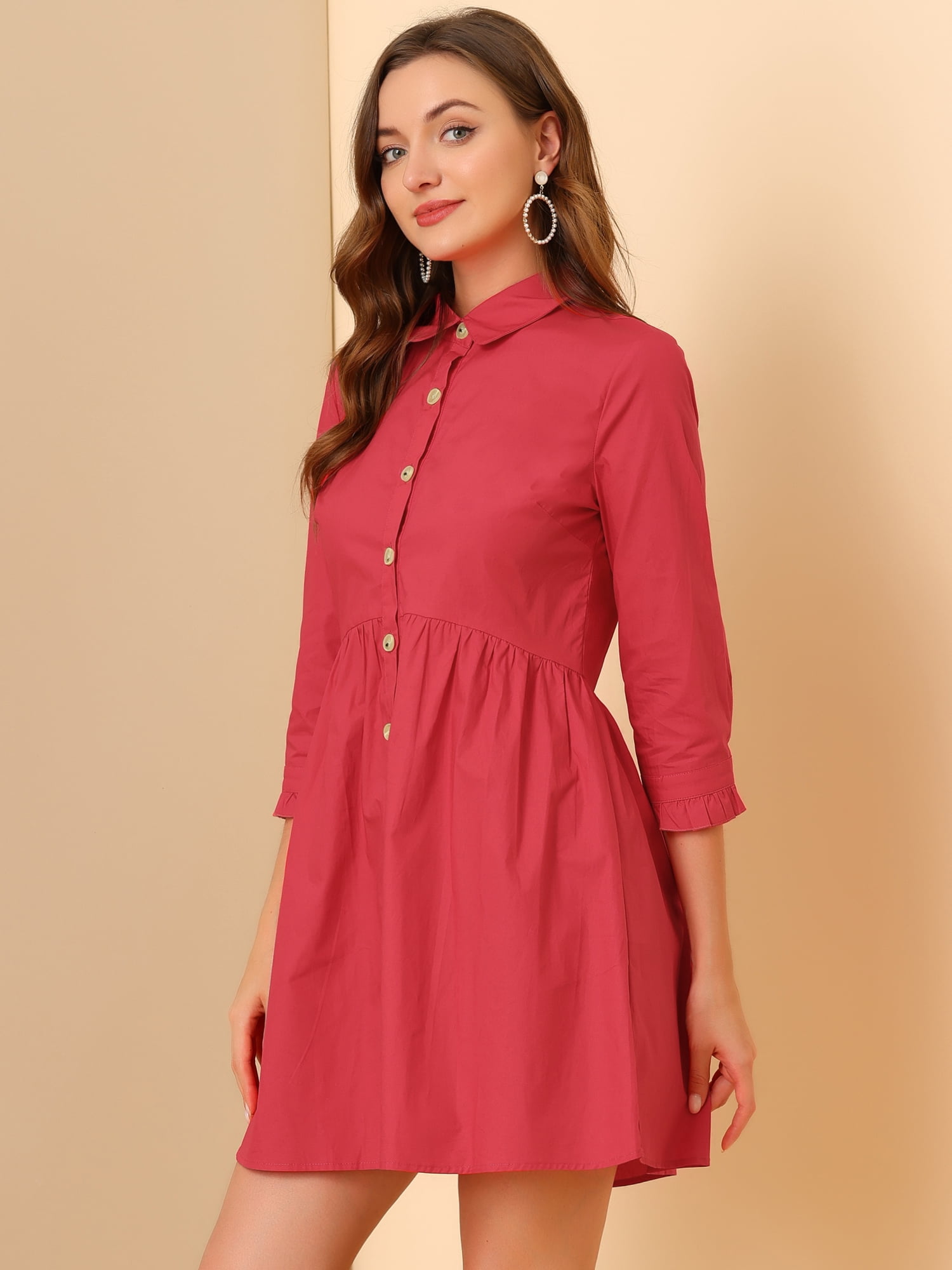 DARING DIVA Elegant Collar Flare 3/4 Sleeve Button Mini Shirt Dress XL Red