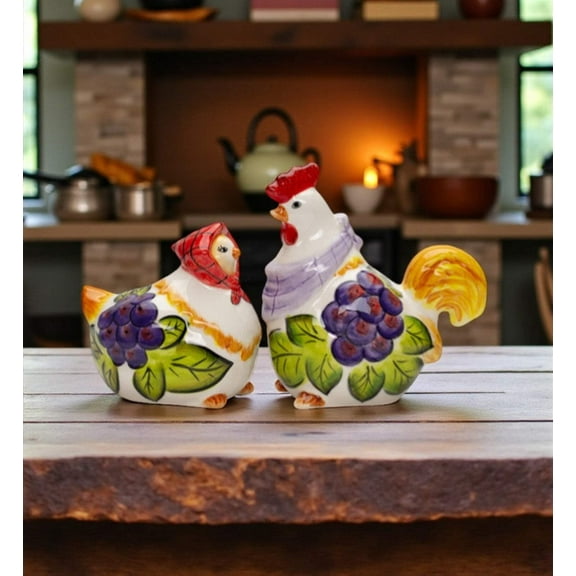 Ceramic Tuscany Rooster  Hen Salt and Pepper with Grape Theme, Farmhouse Kitchen Decor, Winery Decor, Gift for Wine Lover