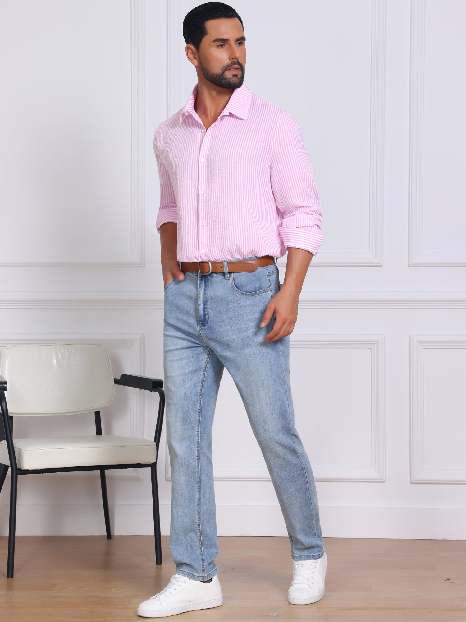 DARING DIVA Men's Seersucker Long Sleeve Button Down Textured Striped Shirts XL Pink