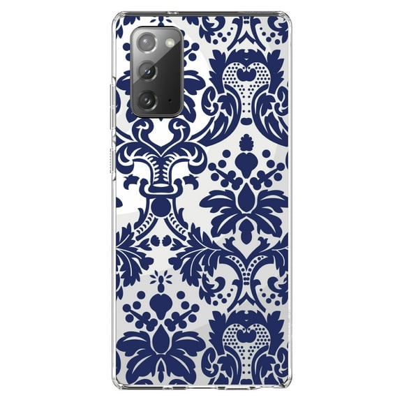 DistinctInk Clear Shockproof Hybrid Case for Galaxy Note 20 ULTRA (6.9" Screen) - TPU Bumper, Acrylic Back, Tempered Glass Screen Protector - Blue Grey Damask