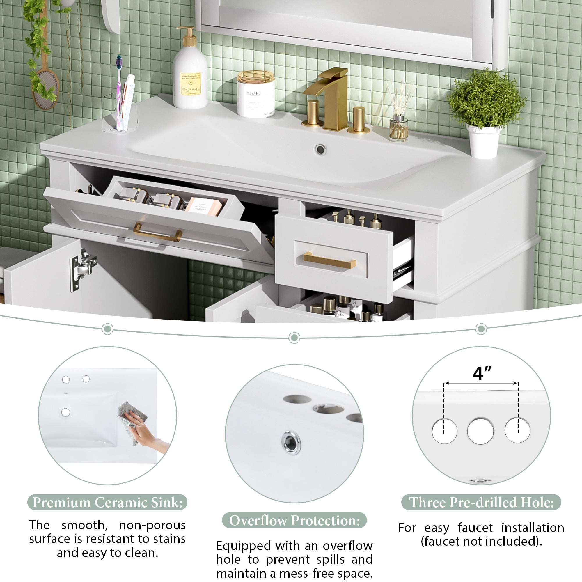 Euroco 36" Bathroom Cabinet with Ceramic Sink, Soft-Close Doors, Golden Handles, Ample Storage, and Overflow Protection