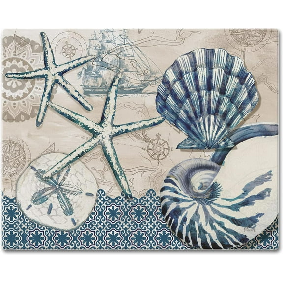 Counter Art Glass Cutting Board / Counter Saver 12"x15", Tide Pool Shells