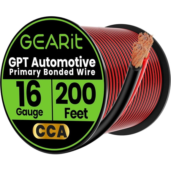 GEARit 16 Gauge Wire (200ft - Black/Red) GPT Automotive Primary Bonded Wire - Copper Clad Aluminum CCA - Car Audio, Speaker Wire, Trailer Harness, Electrical - 200 Feet Total 16ga awg