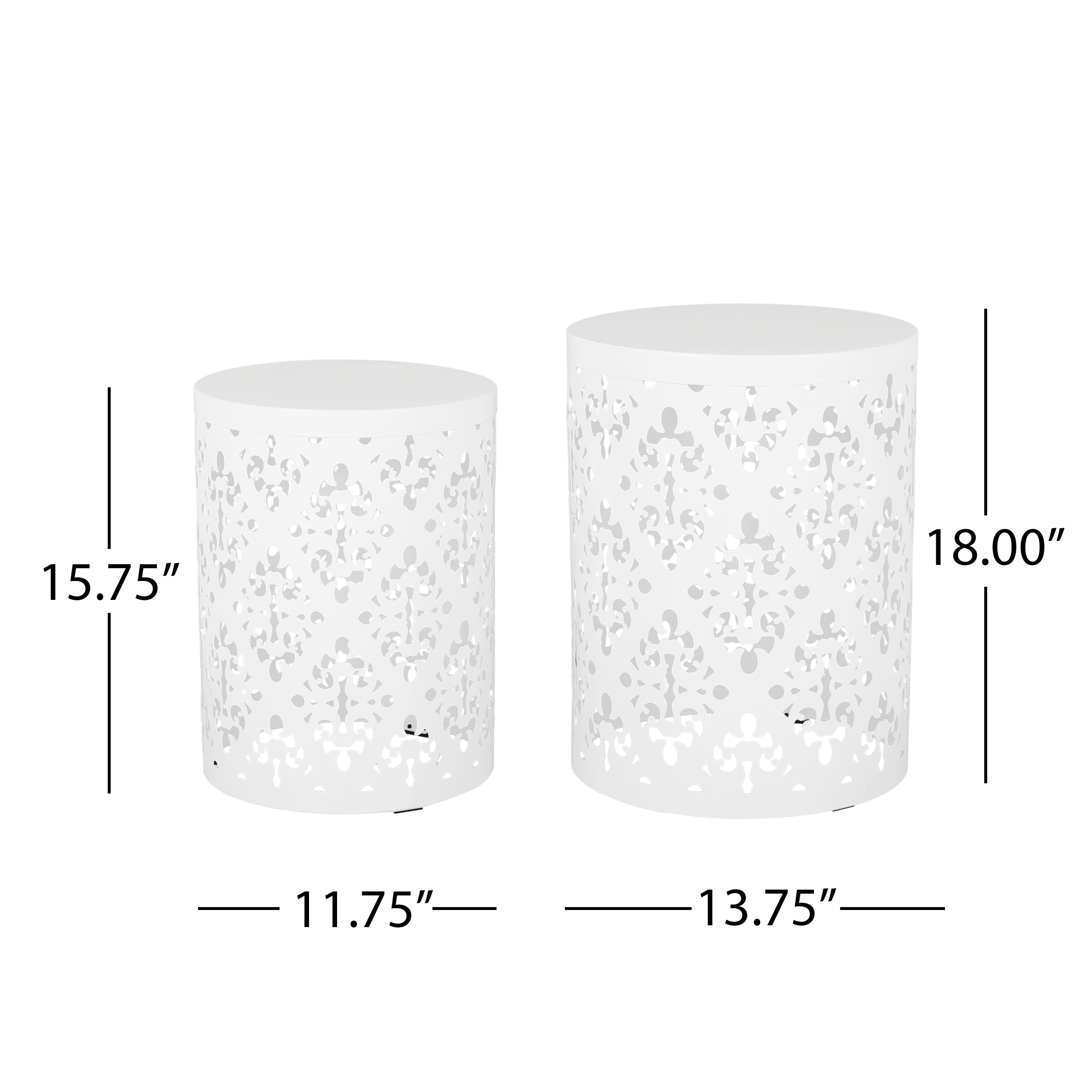 Outdoor Nesting Side Table Set of 2, Cylindrical Floral Pattern Structure for Patio Garden, White