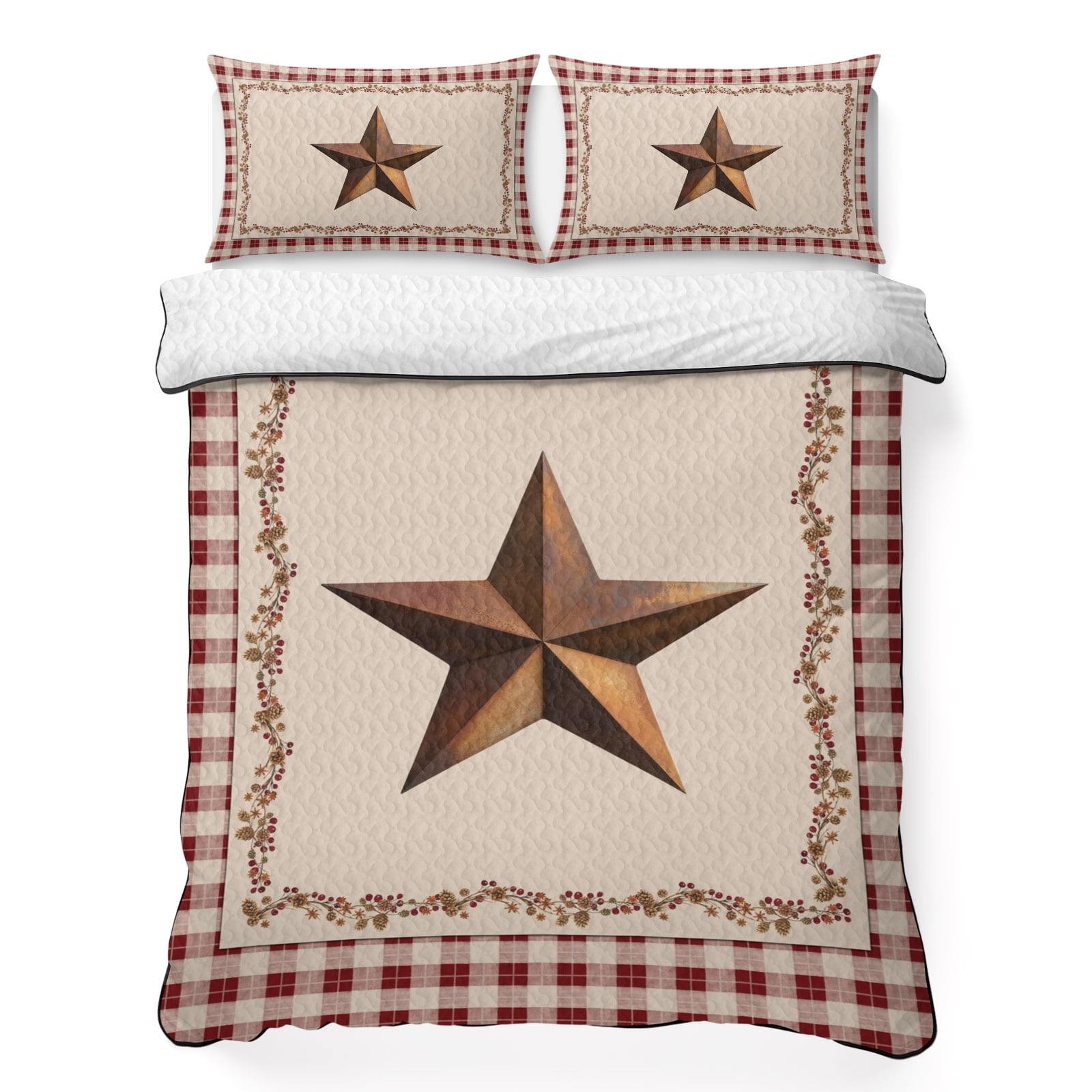 Queen Quilt Bedding Set Rustic Western Star Berry Lace Lightweight Summer Quilted Coverlet for Hot Sleepers Retro Bufflo Red Checkered Edge Breathable Soft Blanket with 2 Pillow Shams for All Season