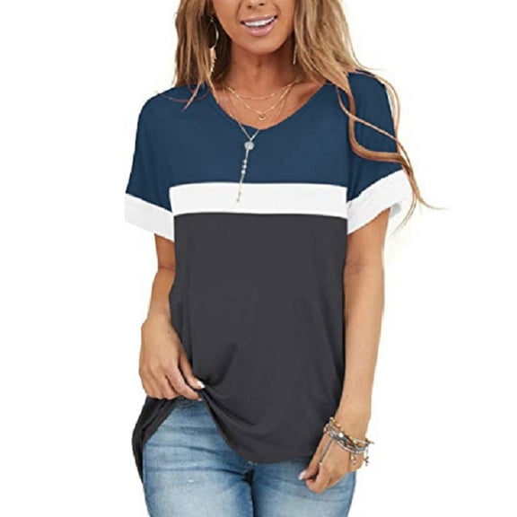 Women's Solid Color Round Neck Short Sleeve Hit Color Stitching T-Shirt Top Blue Gray M