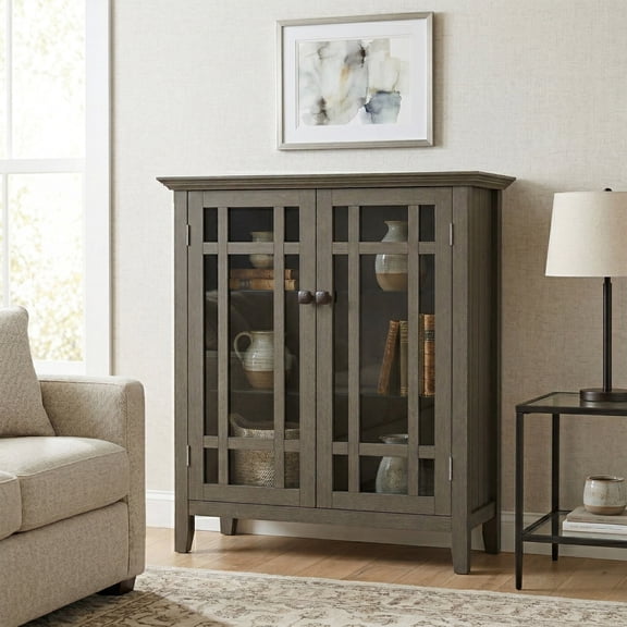 Simpli Home Bedford 39 inch Wide Solid Wood Transitional Medium Storage Cabinet in Farmhouse Grey