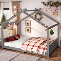 Bellemave Full House Floor Bed with Support Slats, Solid Wood Bed Frame with Opening Structure & Low Profile Design, No Box Spring Needed for Modern Bedroom & Small Spaces, Gray