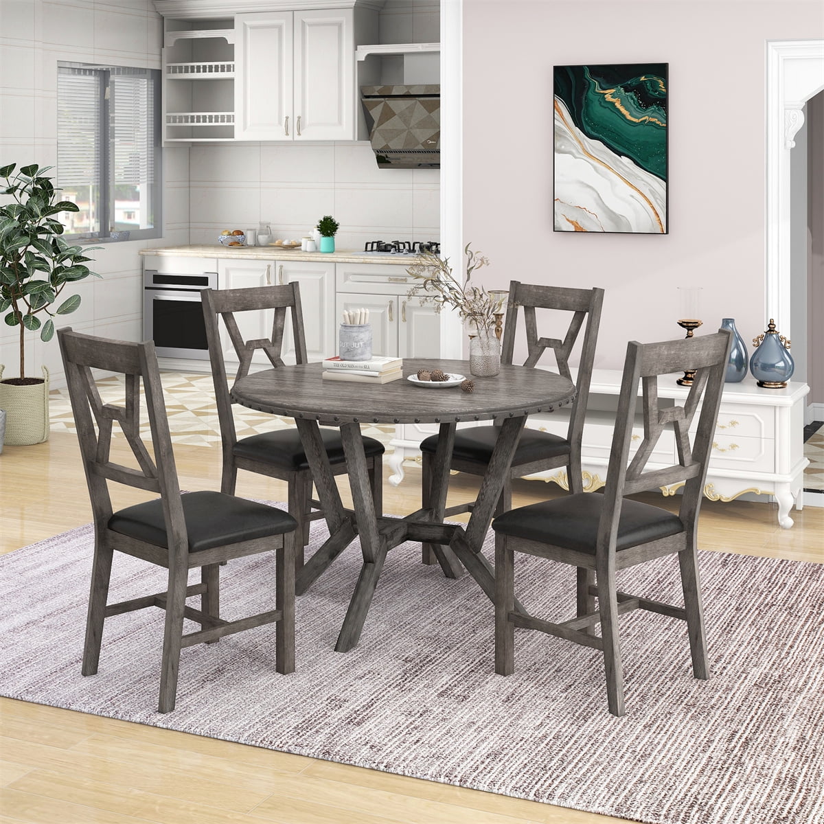 5 Pieces Dining Table Set, Wood Kitchen Table with Cross Legs and 4