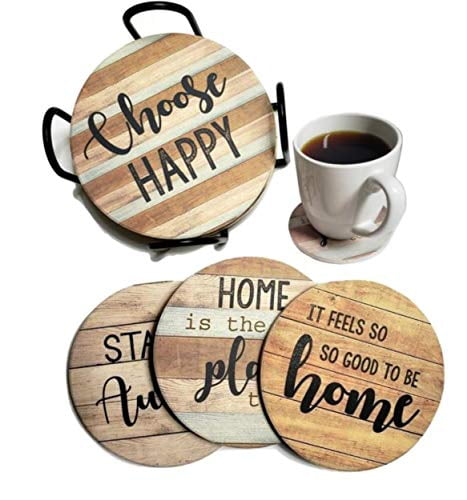 Cute Kitchen and Coffee Table Décor & Accessories Set of 6 Coasters with Holder Absorbent Best Housewarming Gifts for New Home Ideas PANCHH Rustic Farmhouse Stone & Cork Coasters for Drinks 