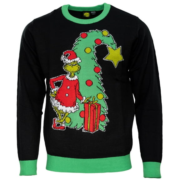 Mad Engine The Grinch Bend Tree with Gifts Adult Knitted Ugly Christmas Sweater - Officially Licensed