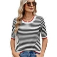 thumbnail image 3 of Womens Summer Short Sleeve Shirts Striped Sweater Cute Casual Top Trendy Women Clothing Crewneck Knit Blouses White & Black XL, 3 of 9