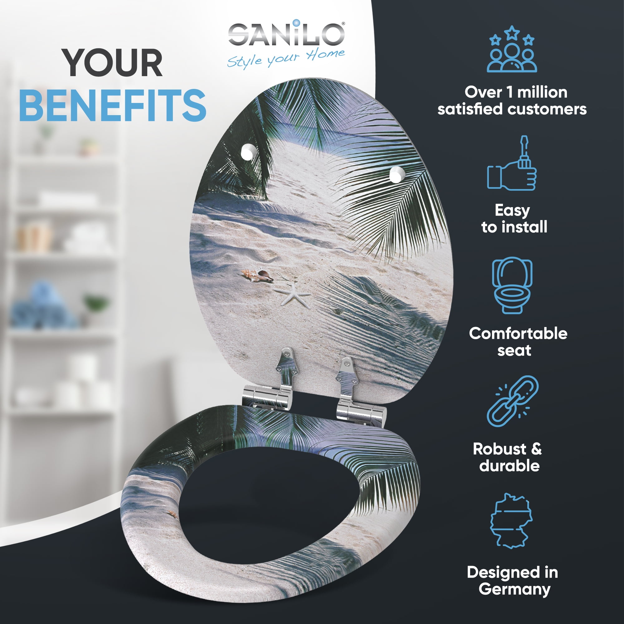 Sanilo Soft Close Toilet Seat ELONGATED, Quiet and Slow Close Lid and Seat, Strong Bumpers and Hinges, Beach