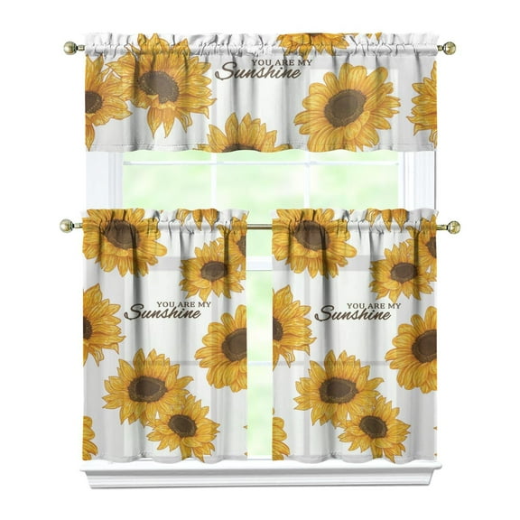3 PCS Sunflower Kitchen Curtains Set with Valance - Floral Boho Farmhouse Tier Curtains for Windows 54x18 27.5x36 Inch