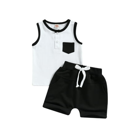 

aturustex Toddler Boy Tank Top and Shorts Patchwork Vest Sleeveless T-Shirt Solid Color Elastic Waist Shorts Beach Outfits