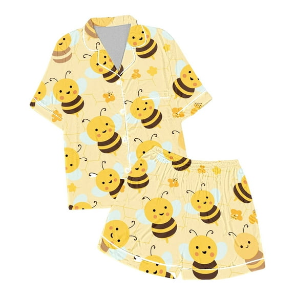 Girls Satin Pajamas Kids Toddler Summer Satin Pajamas Set World Bee Day Prints Casual Breathable Sleepwear Girls Pajamas Beige 2 Years-3 Years